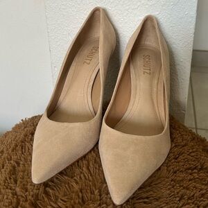 Schutz Lou pointed-toe pump in a honey beige suede